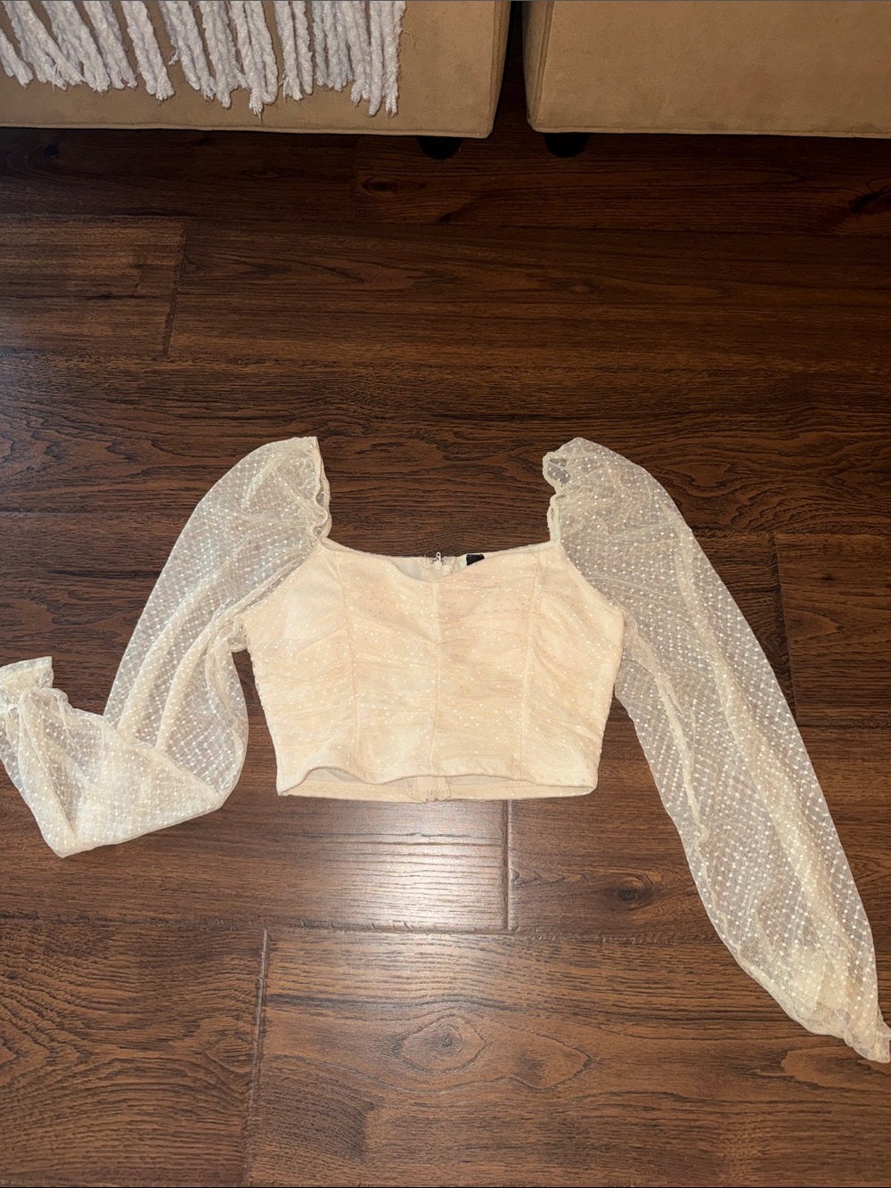 Windsor Cream Sheer Dot Puff-Sleeve Crop Top